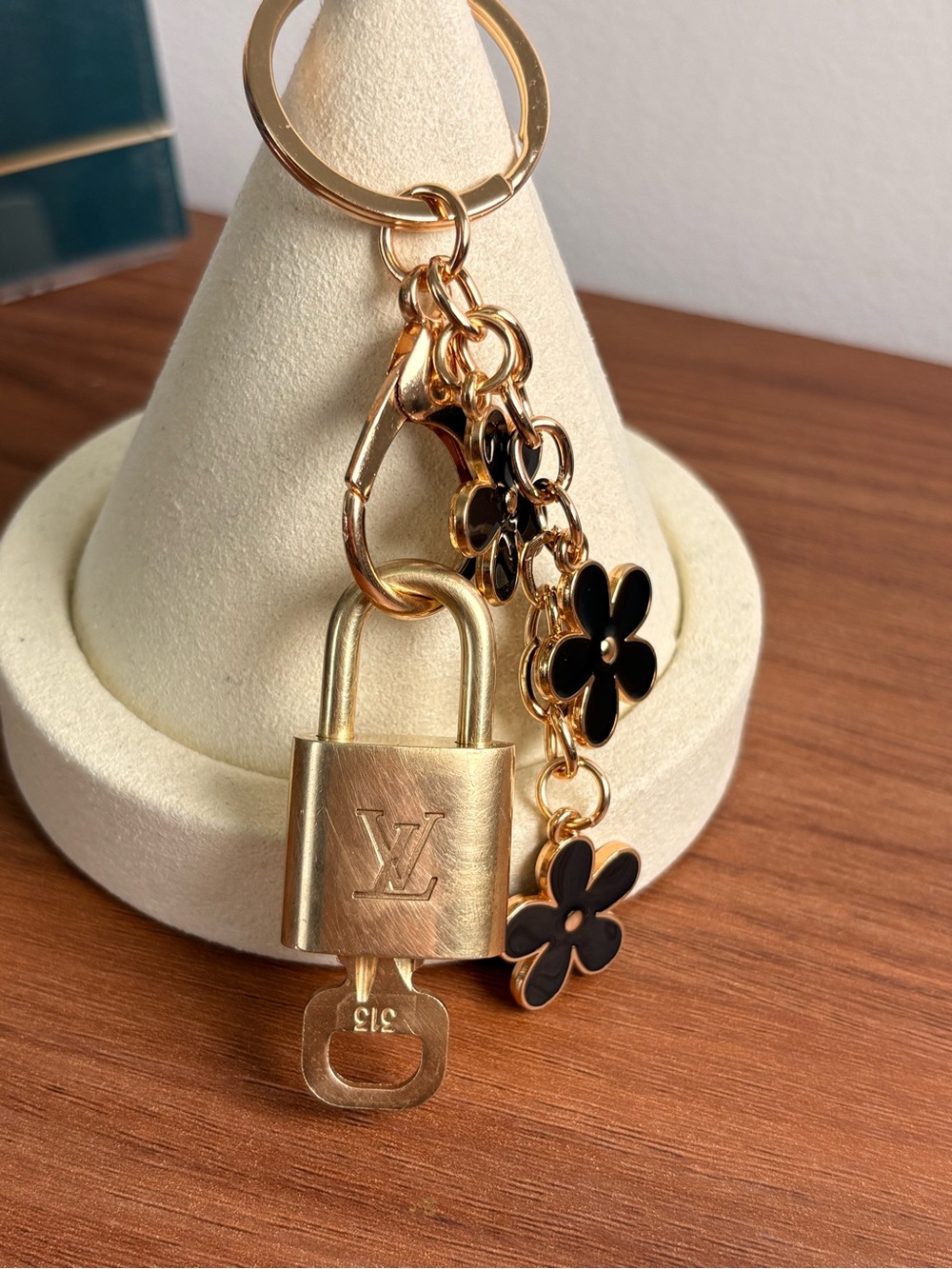 Louis Vuitton Gold and Black Padlock Key Holder with Flower Charms